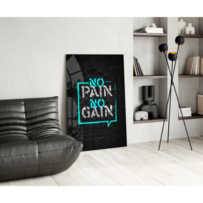Teal neon no pain no gain glass wall art speech bubble on black canvas