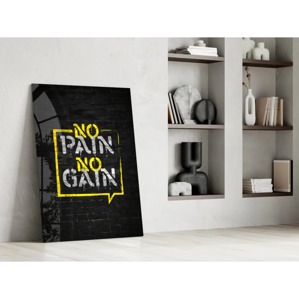 Black canvas wall art with bold yellow no pain no gain speech bubble