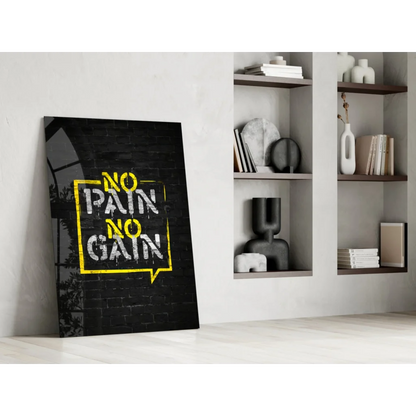 Black canvas wall art with bold yellow no pain no gain speech bubble