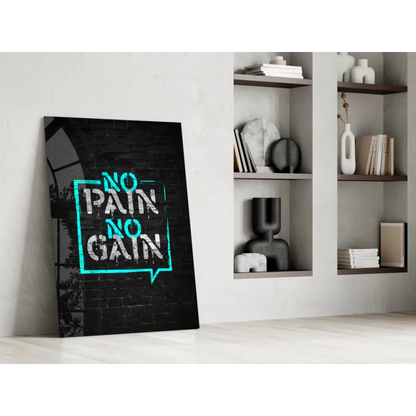 Teal neon No Pain No Gain glass wall art speech bubble on black canvas