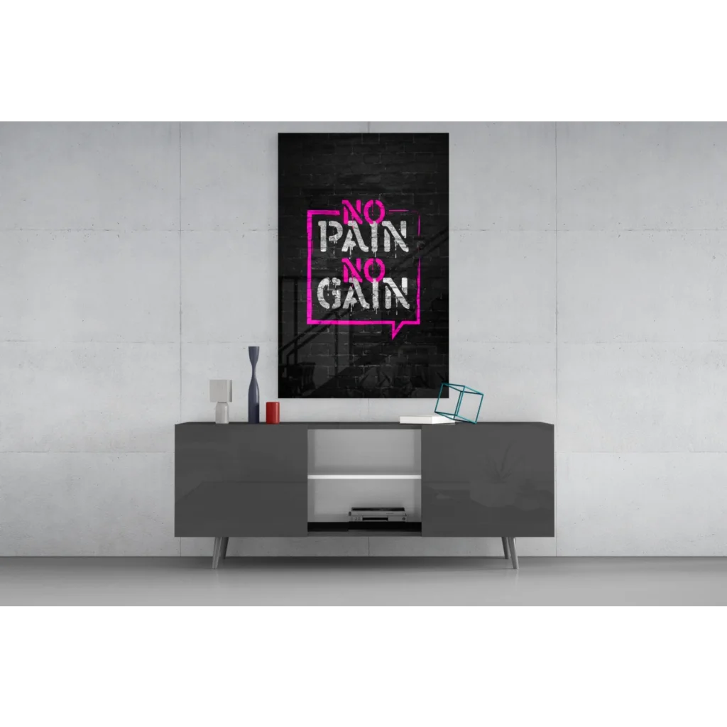 Black canvas glass wall art print with pink graffiti no pain no gain in neon bubble