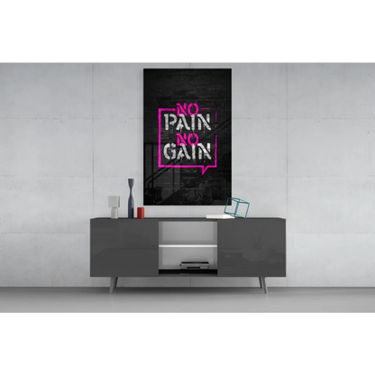 Black canvas glass wall art print with pink graffiti no pain no gain in neon bubble