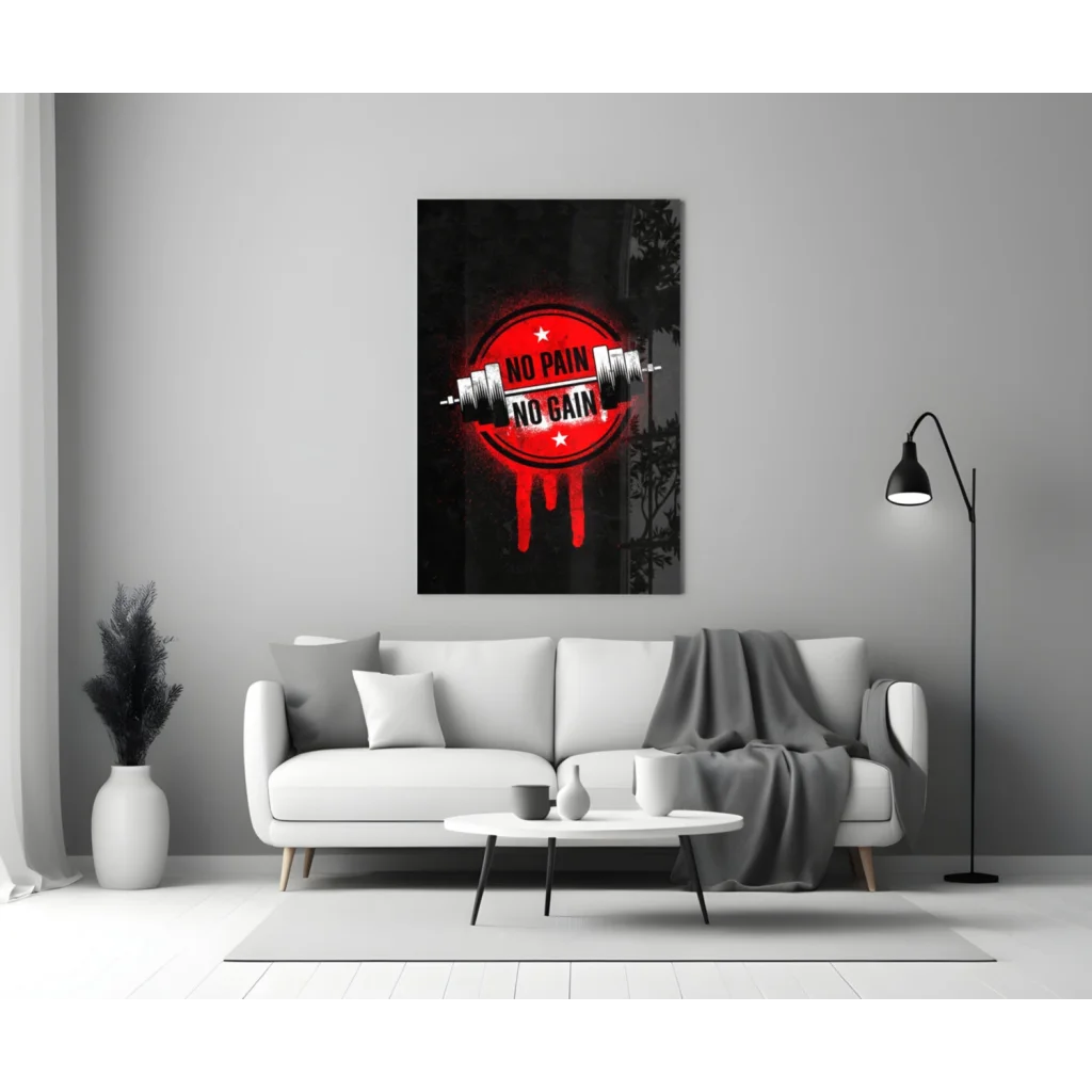 Black and red no pain no gain barbell motivational wall art canvas print