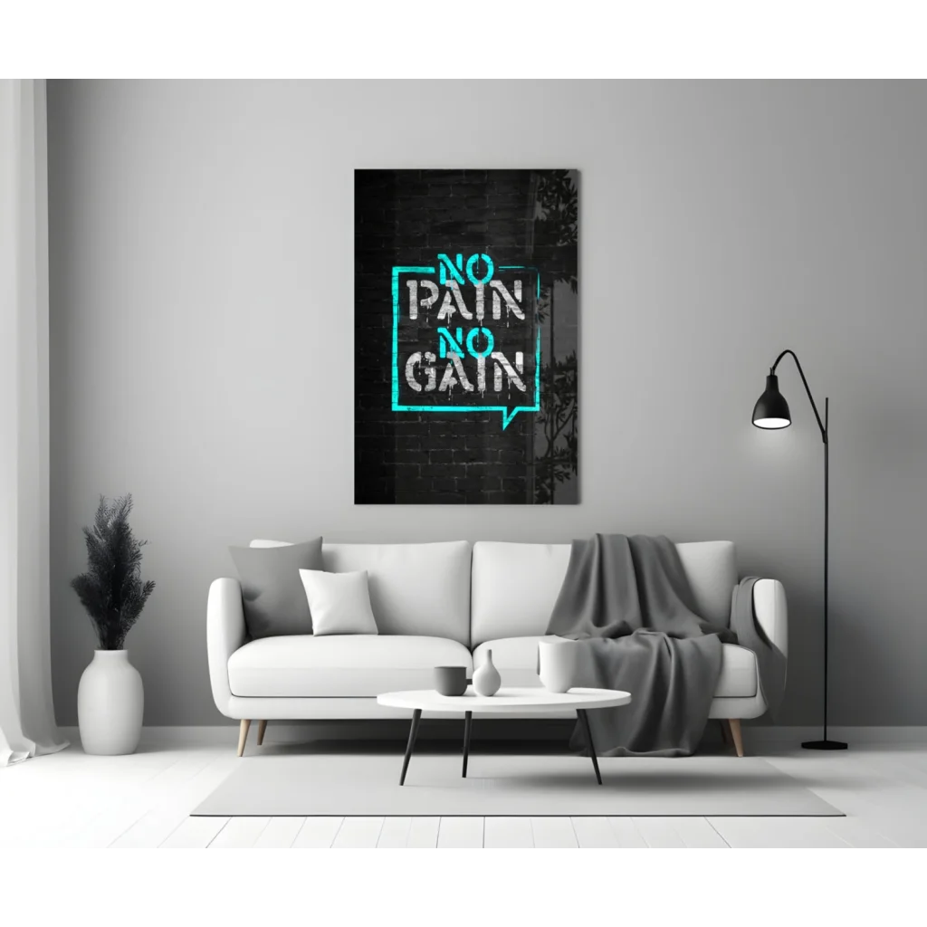 Neon No Pain No Gain Glass Wall Art Speech Bubble Poster | Modern Wall Art Decor | vintageantiquesgifts.com