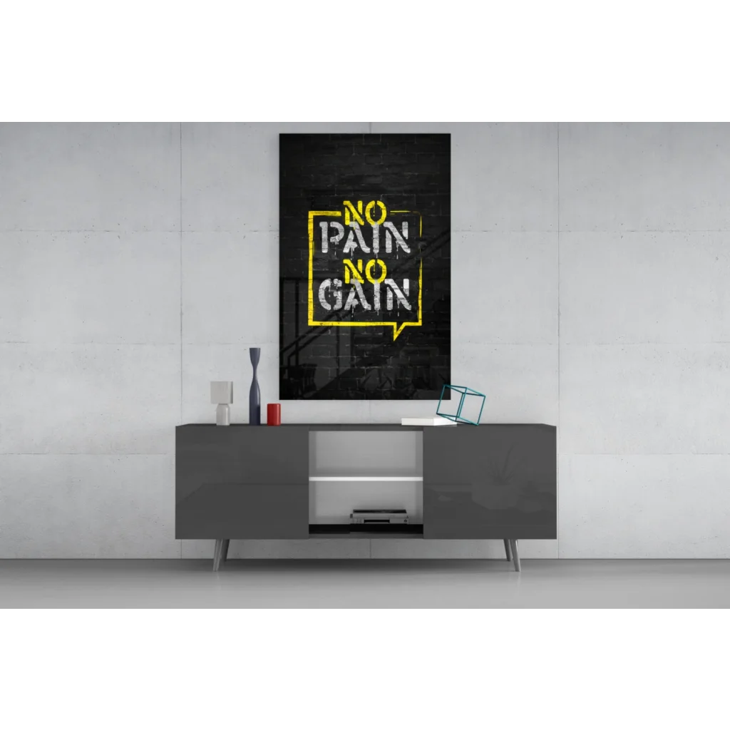 Black canvas wall art with bold yellow no pain no gain speech bubble