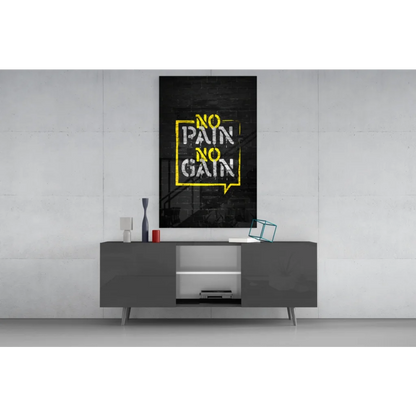 Black canvas wall art with bold yellow no pain no gain speech bubble