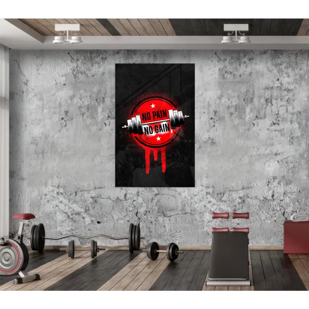 Red barbell no pain no gain motivational wall art on distressed concrete