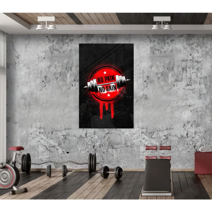 Red barbell no pain no gain motivational wall art on distressed concrete