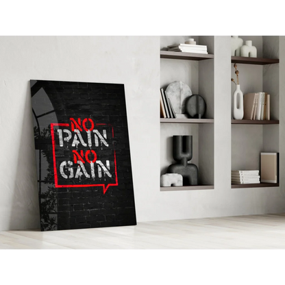 No pain no gain motivational wall art canvas print on black brick background