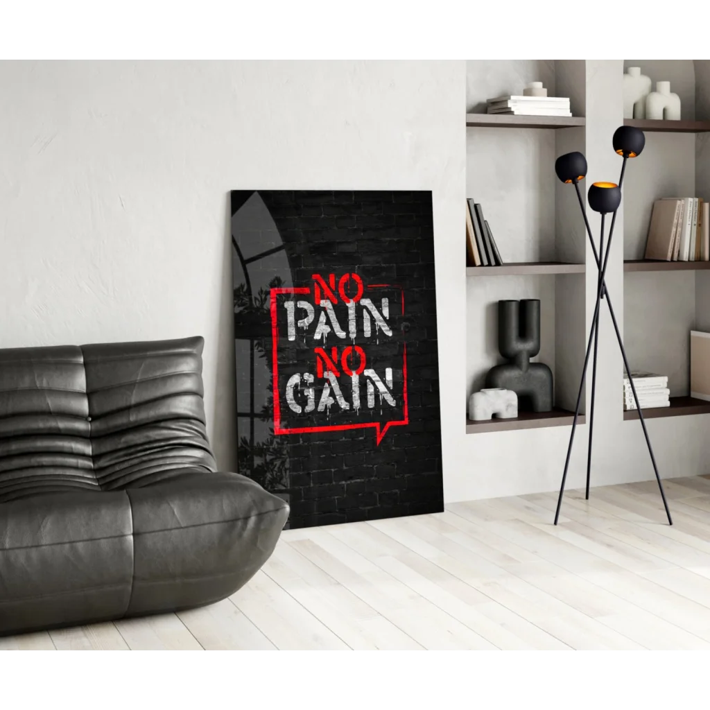 No pain no gain canvas wall art print on black with bold lettering
