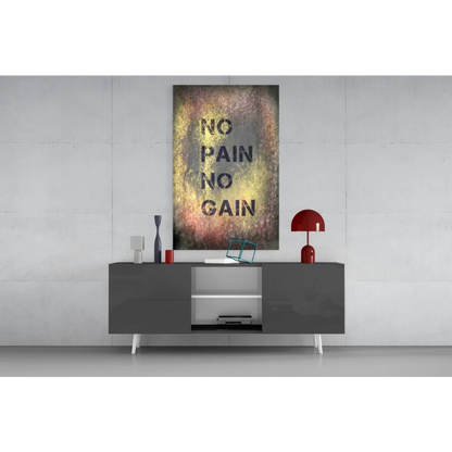 Modern gray sideboard with white legs and No Pain No Gain wall art