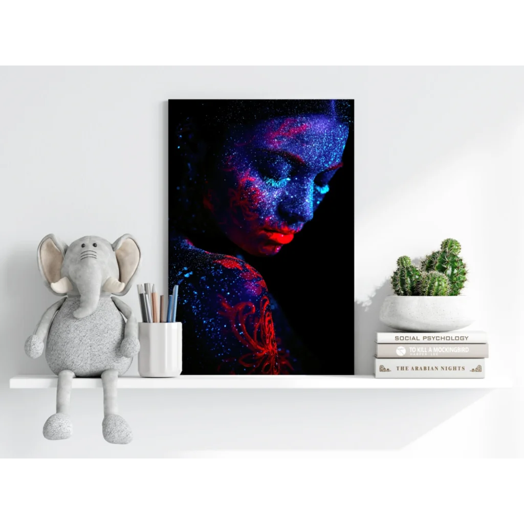 Vibrant cosmic glitter woman on insigne aluminum prints