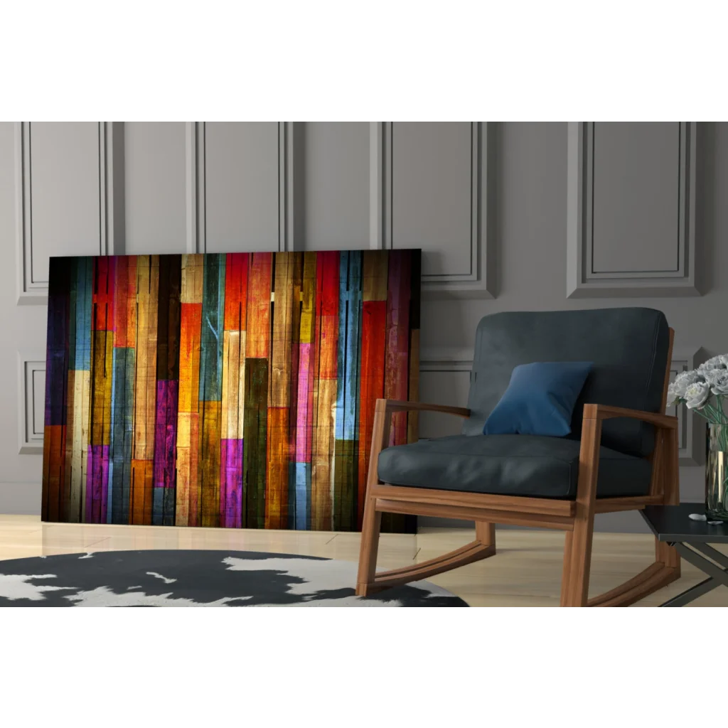 Vibrant multicolored wooden plank canvas wall art bursting with color