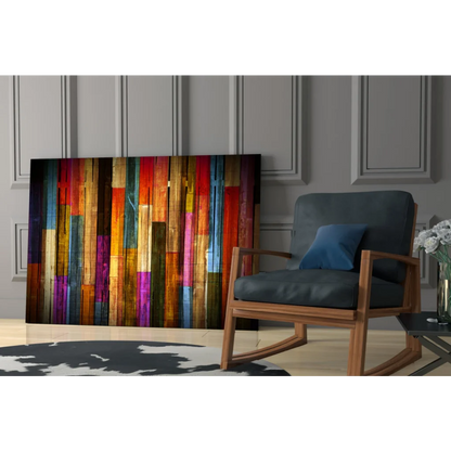 Vibrant multicolored wooden plank canvas wall art bursting with color
