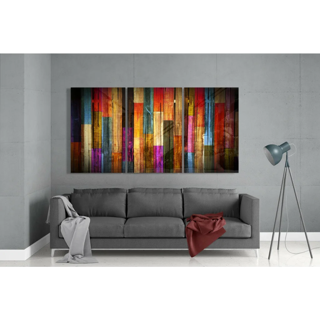 Vibrant glass wall art triptych with multicolored wood plank stripes