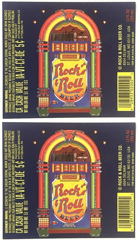 Two Rock & Roll Beer labels, one above the other: a lit-up jukebox under a starry navy sky, PREMIUM Rock & Roll BEER, the warning panel and barcode at the sides