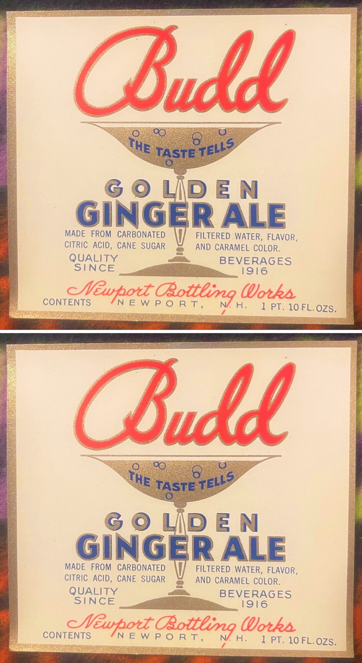 Two Budd Golden Ginger Ale labels, one above the other: red Budd script over a gold soda glass reading THE TASTE TELLS, GOLDEN GINGER ALE in blue, Newport Bottling Works, Newport, N.H.