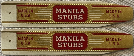 Two antique Manila Stubs cigar bands, one above the other: MANILA STUBS in white on a red panel ringed with embossed gold dots, MADE IN U.S.A. on both gold wings, white paper tab.