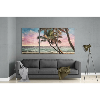 Tropical palm beach sunset triptych canvas wall art above gray sofa