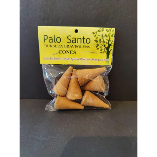 Palo santo cone incense with yellow tag and Bursera graveolens label