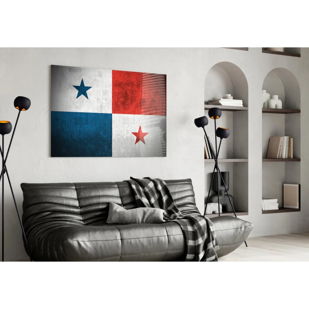 Vintage distressed Panama Flag glass wall art with leather sofa and plaid blanket