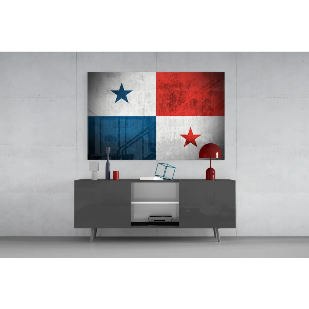 Vintage distressed Panama Flag glass wall art with minimalist gray sideboard