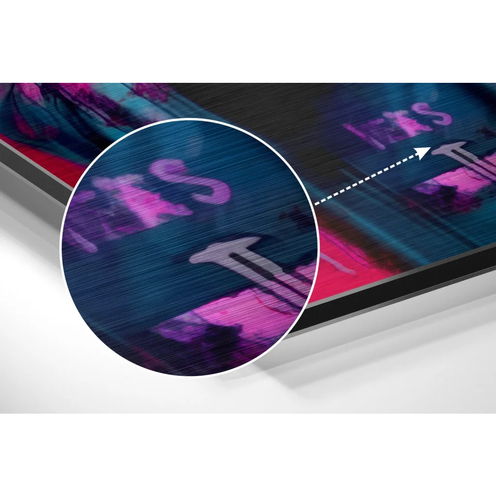 Vibrant pink teal graffiti on brushed aluminium dibond art print