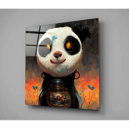 Glowing Panda Glass Wall Art with Vibrant Abstract Butterflies | Glass Wall Art Print | vintageantiquesgifts.com