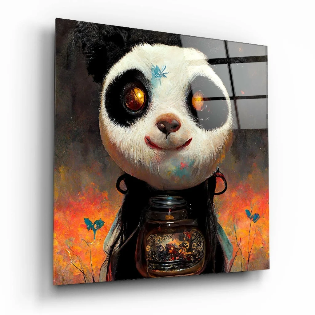 Glowing Panda Glass Wall Art with Vibrant Abstract Butterflies | Insigneart USA | vintageantiquesgifts.com