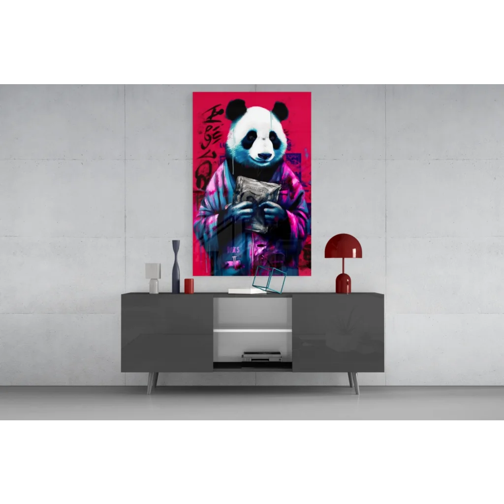 Vibrant panda in denim jacket holding money on red graffiti pop art canvas wall art