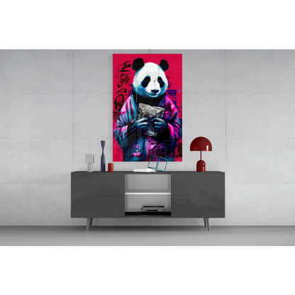 Vibrant panda in denim jacket holding money on red graffiti pop art canvas wall art