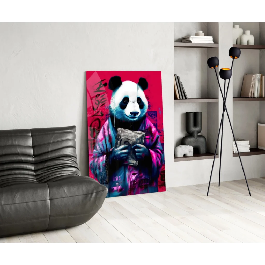 Panda in pink jacket holding cash on red graffiti canvas wall art