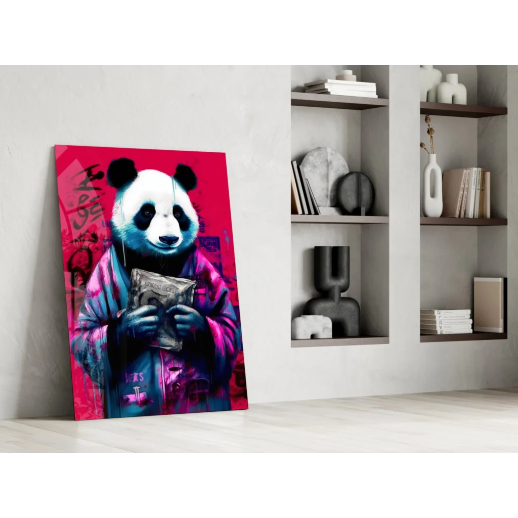 Panda in jacket holding cash on vibrant pink blue graffiti pop art wall art canvas