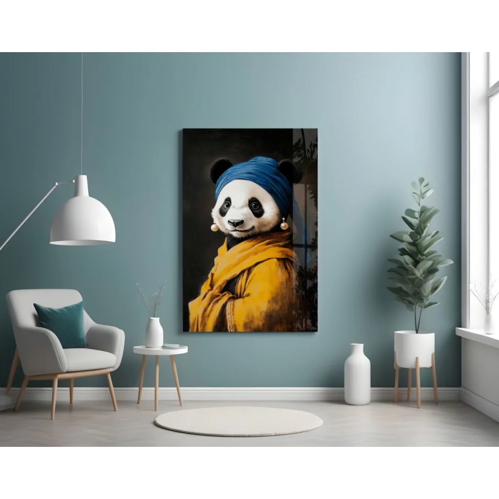 Modern panda glass wall art with blue headband and yellow scarf