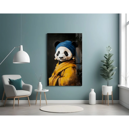 Modern panda glass wall art with blue headband and yellow scarf