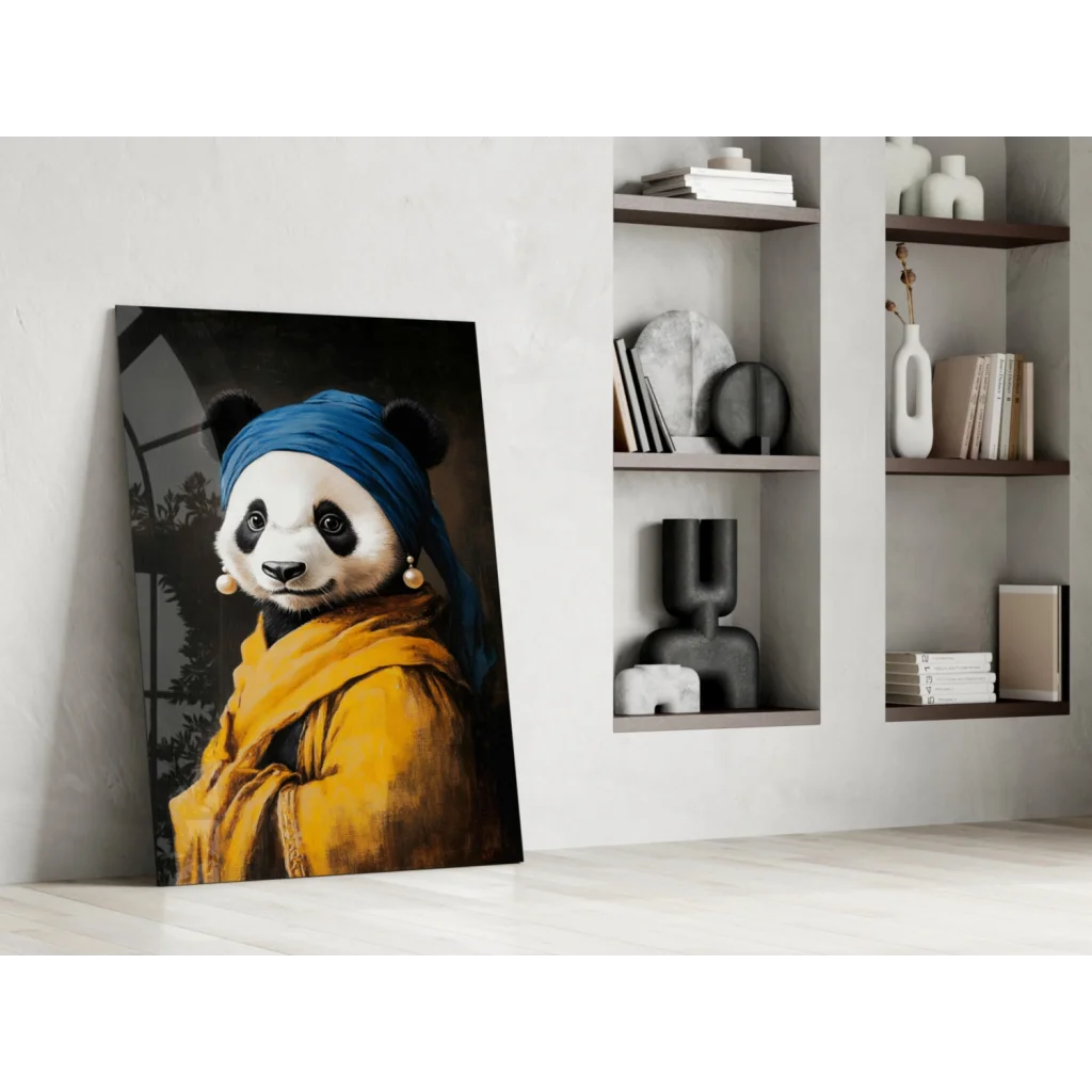 Panda glass wall art print with turban and yellow scarf
