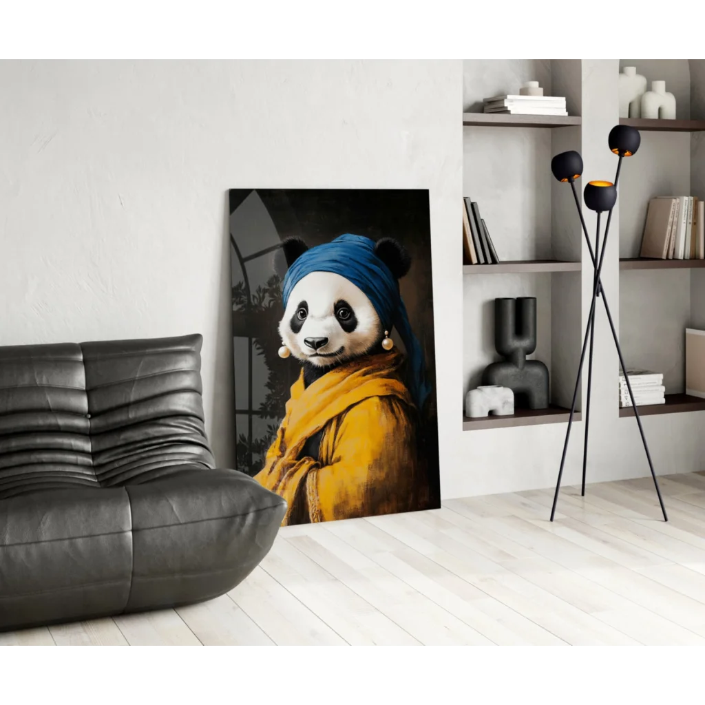 Pearl earring panda on glass wall art print with colorful accessories
