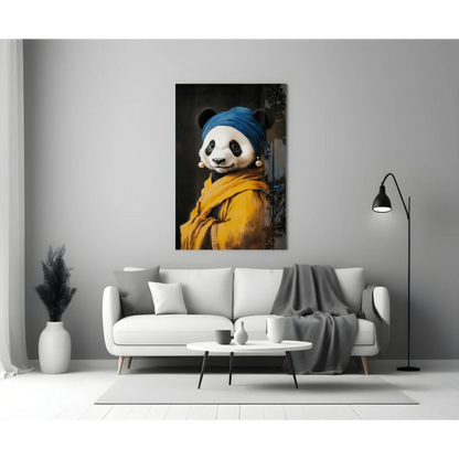 Cute panda glass wall art print with blue headband and yellow scarf
