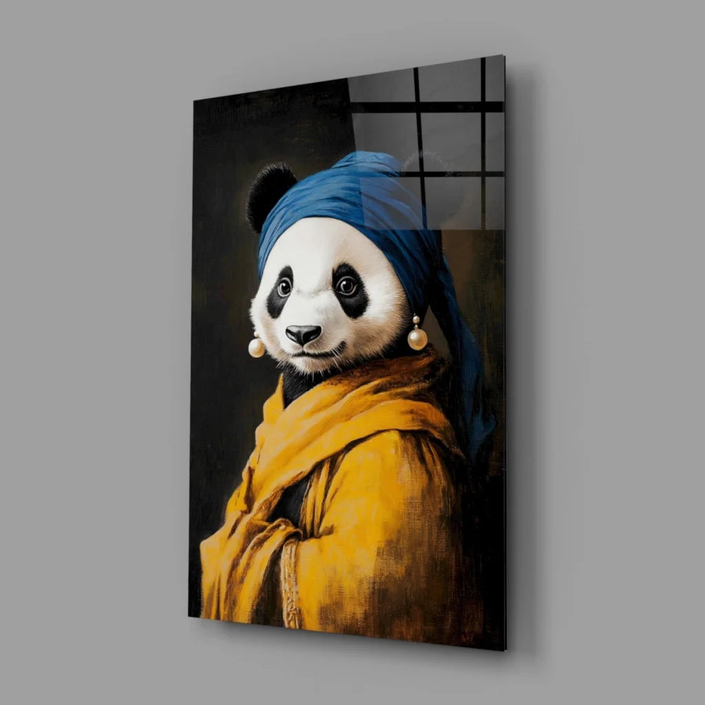 Panda glass wall art print with pearl earring and blue turban
