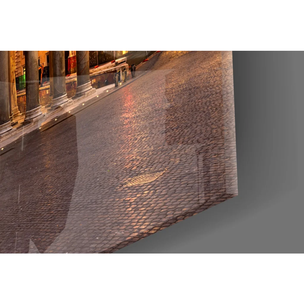 Pantheon Rome dusk glass wall art with wet cobblestone street at night
