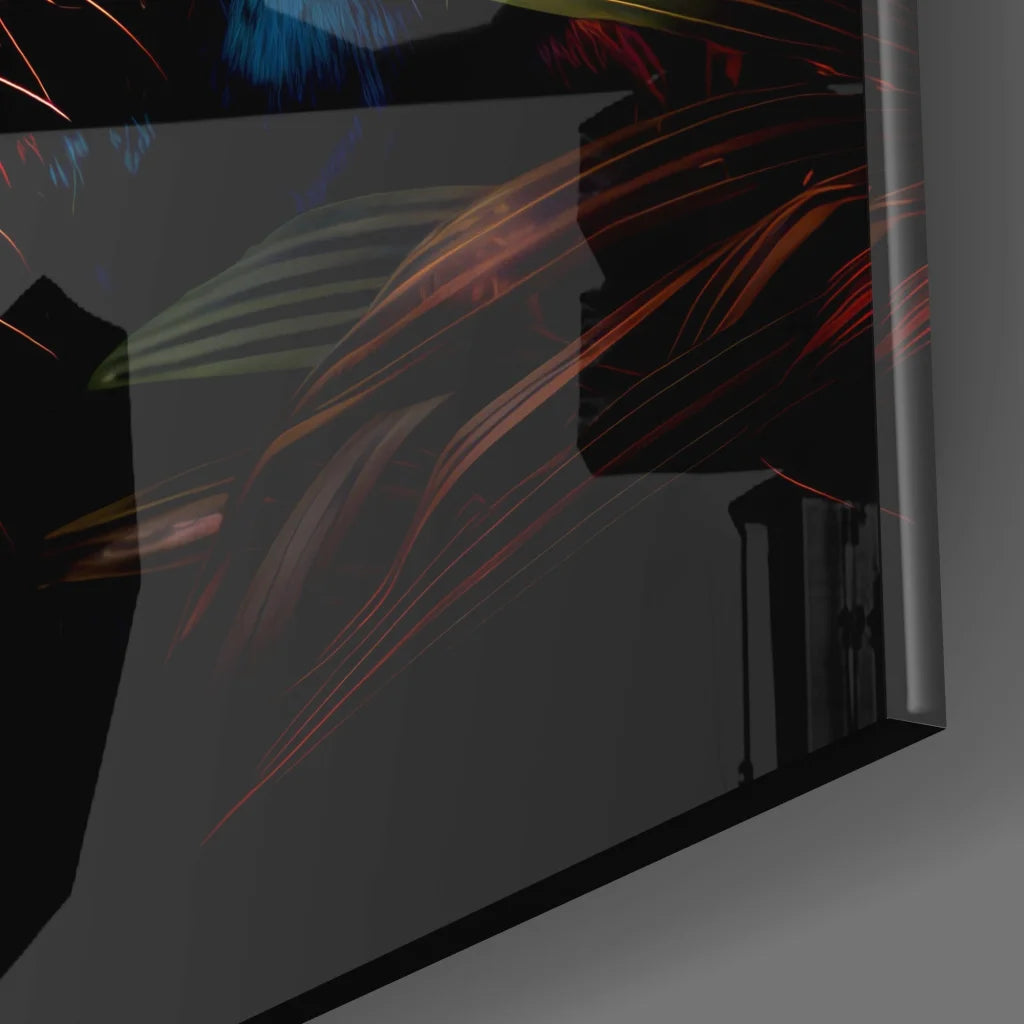 Neon Panther tempered glass art with glowing blue eyes and vibrant streaks