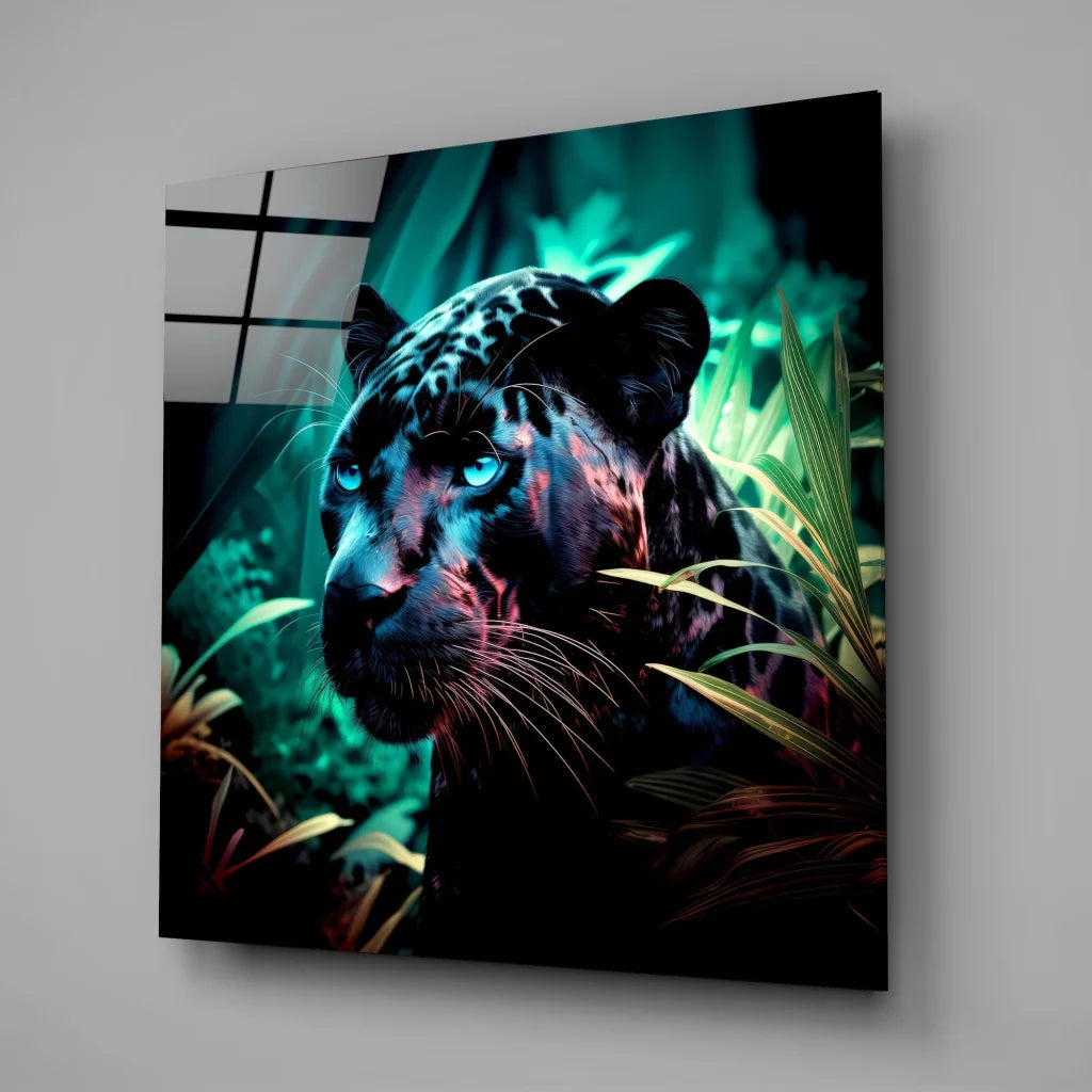 Neon panther tempered glass art with glowing blue eyes