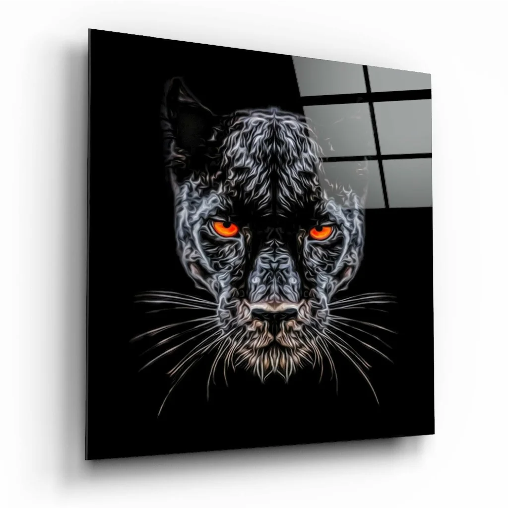 Stunning black panther glass wall art with glowing orange eyes