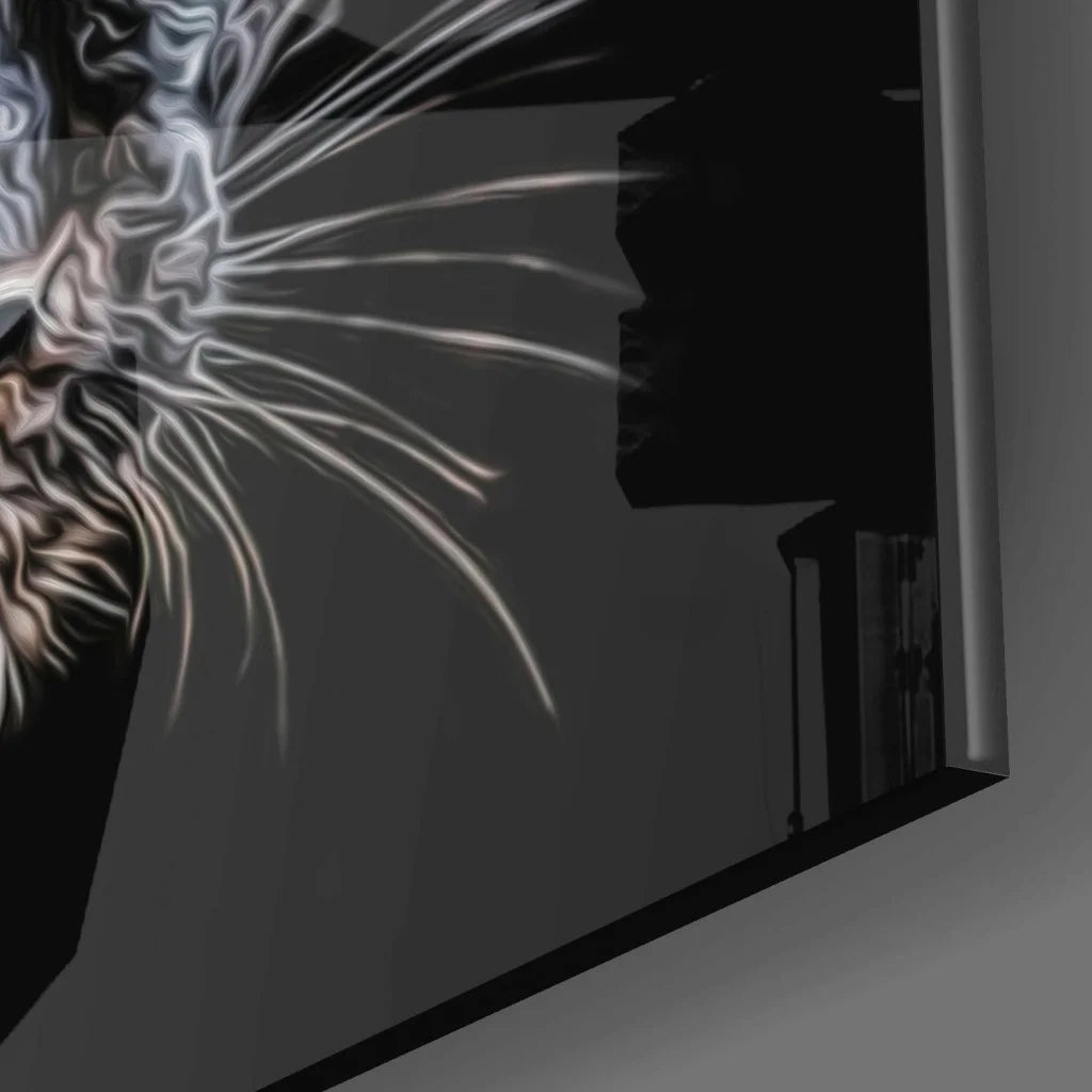 Sleek black-framed glass wall art of cat face with glowing white whiskers