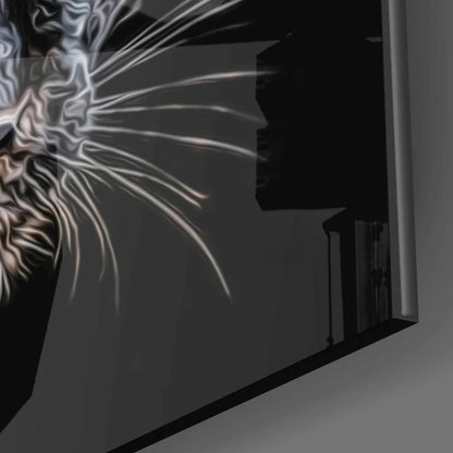 Sleek black-framed glass wall art of cat face with glowing white whiskers