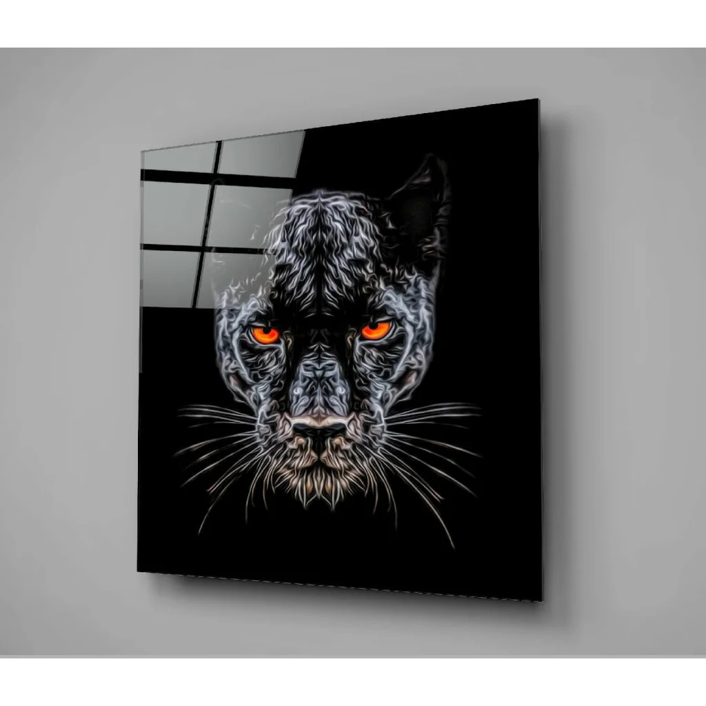 Stunning black panther glass wall art with glowing orange eyes