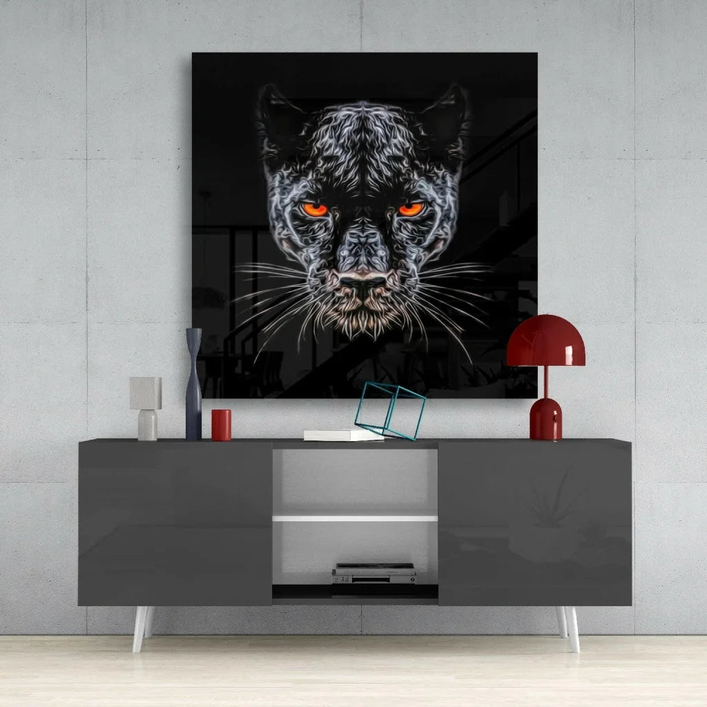 Stunning black panther glass wall art with glowing orange eyes