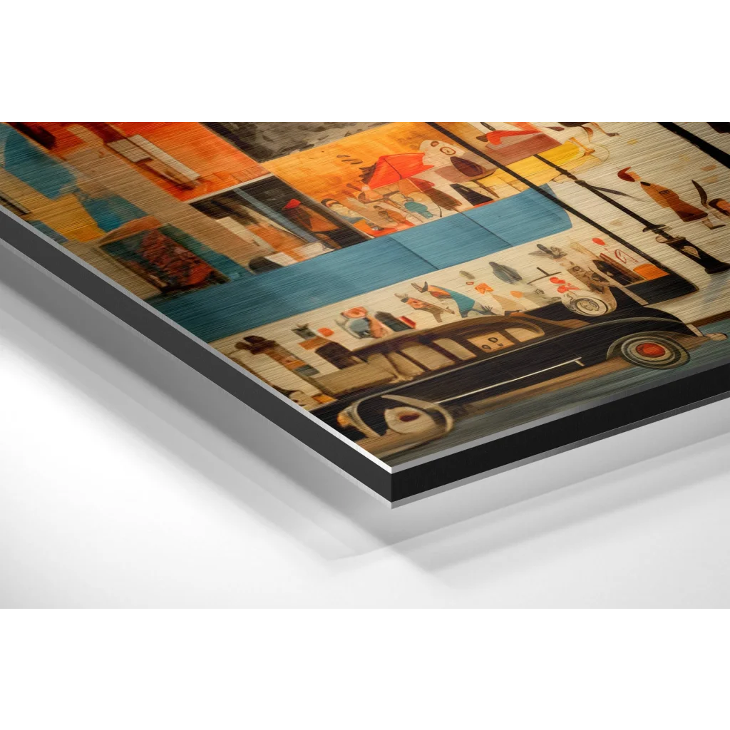 Glass Wall Art Vibrant abstract vintage Paris street scene with black car on brushed aluminium dibond