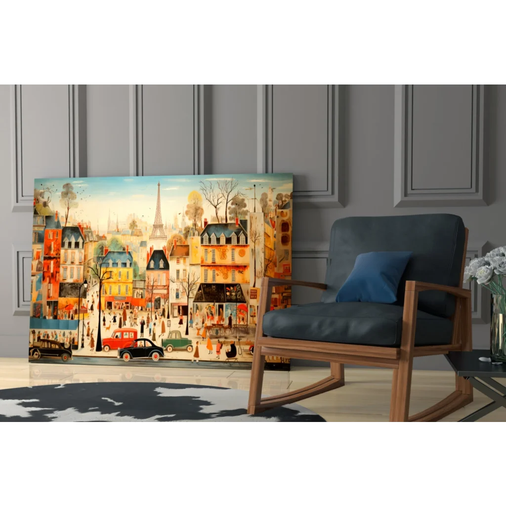 Whimsical Parisian street canvas wall art with Eiffel Tower
