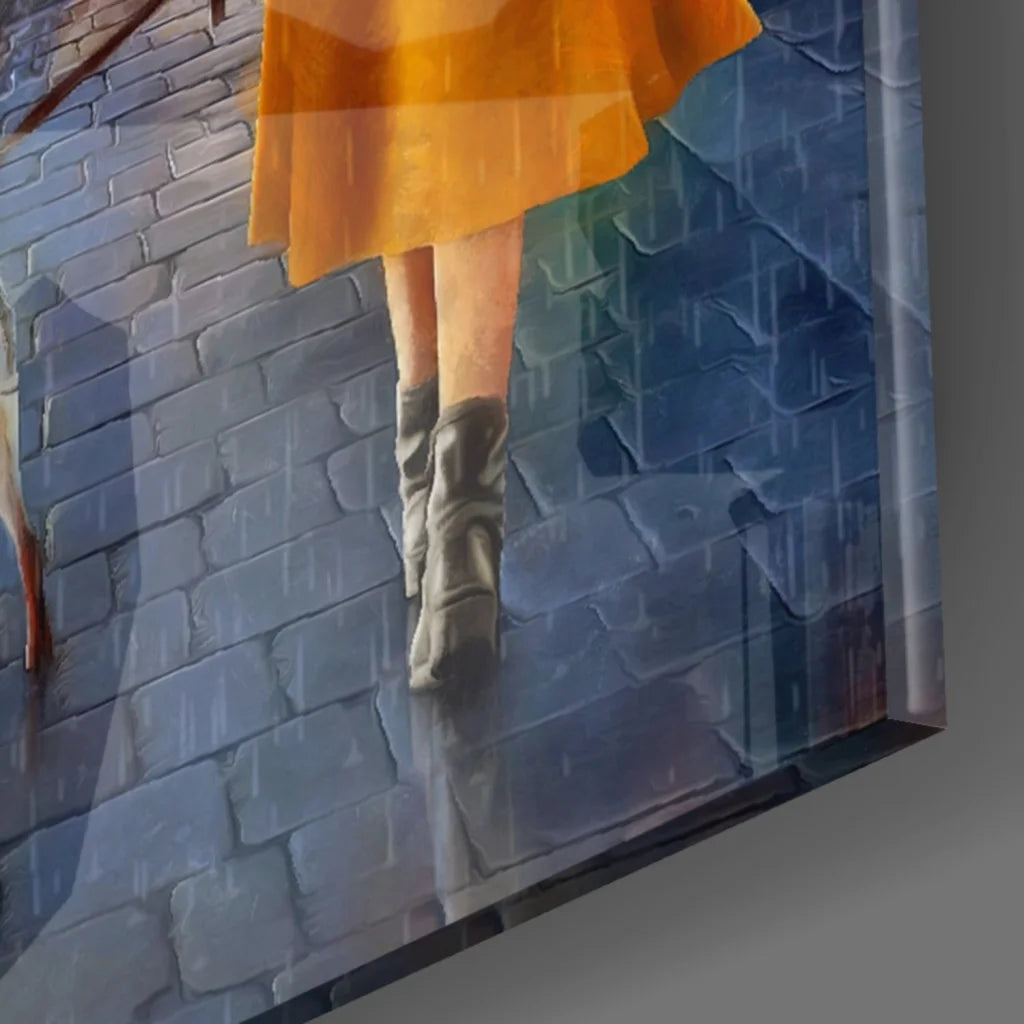 Vibrant orange skirt on Paris pavement with Eiffel Tower wall art